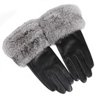 Women s Genuine Leather Gloves Rabbit Hair Trim Cuff Velvet Lined Winter Driving
