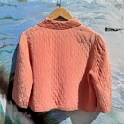 1940s Peach Quilted Rayon Satin Bed Jacket Prong-set Rhinestone Faux Pearl