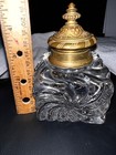 Vintage Crystal Cube Inkwell W  Ornate Brass Lid     Swirl Cut Glass Square Cool    