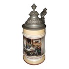 Antique 9  German Porcelain   Pewter Tavern Scene Beer Stein
