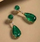 Art Deco Style Pear Emerald   Lab Created Diamond 14k Yellow Gold Fn Earrings