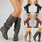 Women s Knee High Leather Boots Mid-calf Biker Slouch Boots Casual Shoes