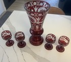Egermann Ruby Cut To Clear Glass Vase   4 Goblets Set Bohemian Czech Scenic 