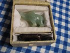 Vtg Boxed Hand Carved  green  Jade Elephant W wood Display Stand