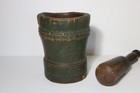 Antique Early Lignum Vitae Primitive Wooden Mortar   Pestle Best Old Green Paint