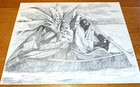 Graphite Pencil Original Art Drawing African Men In Boat Landscape 19x24  Signed