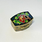 Vintage Black Enamel Flower Pill Trinket Box 1970s