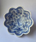 Vintage Fukagawa Japan Blue White Phoenix Tripod Footed Pedestal Bowl
