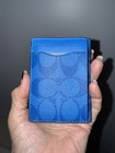 New Coach Magnetic Bifold Card Case Signature Canvas Leather Bright Blue  128