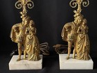 Pair Antique Victorian Cast Brass Bronze Marble Figural Girandole Candlesticks