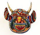 Mexican Huichol Wixarika Carved Wood Beaded Folk Art Mask Devil Diablo Goat Horn