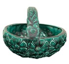 Vintage Signed Handmade Pottery Green Glazed Daisy Pattern Flower Basket Planter
