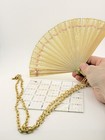 Antique Victorian Souvenir Celluloid Folding Hand Fan Chain Faux Ivory Pink Smal