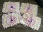 4 Vintage Pink Peach Satin Ruffled Pillow Shams With Floral Lace Details Shiny