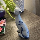 Vintage Blue White Porcelain Cat Figurine Hand Painted Kitty Decor 5 5    W Label