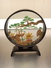 Vintage Colorful Chinese Cork Carving Lattice Pavilion Diorama Black Lacquer