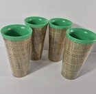 Set Of 4 1950s Raffia Ware Burlap Woven Tumblers Green