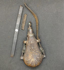 Rare Antique Heavy Bronze Powder Flask W  Threaded Cap - Damaged Leather Straps