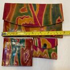 Vintage 3 Piece Leather Painted Embossed Wallet   Coin Purse