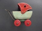 Antique Miniature Wood metal Red green Toy Doll Carriage Stroller Buggy