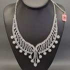 Rhinestone Necklace Earrings Set Bib Dangle Silver Tone Wedding Prom