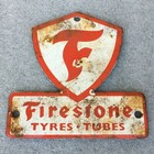 Vintage Firestone Tires White Red Metal Enamel Gas Station Deco 5 X 5  Sign Used