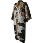 Japanese Geisha Pagoda Print Kimono Robe Satin Black White Floral Open Front