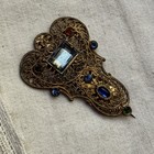 Antique Czech Glass Sash Pin Victorian Gilt Filigree Brooch Art Nouveau Jewelry