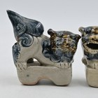 Foo Dog Okinawa Shisa Lion Guardian Pair Ceramic Blue Brown Salt Glaze
