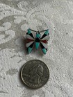 Vtg Zuni Turquoise Coral Onyx Inlay Sterling Silver Butterfly Pendant Pin  7 8 
