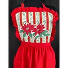 Vintage Festive Christmas Long Red Apron Poinsettias And Ruffled Bib  Pocket  