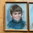 Pair Vintage Retro Oil Pastel Child Portrait Drawings Signed Dated Dec 1969