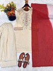 Fashionable Tabby Organza Beige Top Bottom With Dupatta For Party Wear