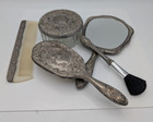 Antique Silver Tone 5pc Vanity Set Mirror Brush Comb Powder Jar Repousse Floral