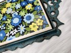 Vintage 1970 s Teal Cast Iron Ceramic Tile Trivet With Flowers