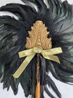 Edwardian Antique Ostrich Feather Hand Fan With Wood Handle Gold Tone Accent