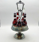 Victorian Ruby Cut To Clear Glass 6 Piece Cruet Castor Set Vintage Silver Plated