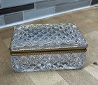 Vintage French Diamond Cut Crystal Jewelry Casket Brass Hinged Trinket Box