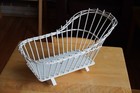 Vtg White Wicker Baby Doll Rocking Bassinet Pink White Lace Bunting W pillow