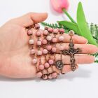 Pink Rose Aventurine Stone Beads Necklace - Holy Soil Medal And Cross Crucifix