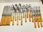 Vtg Molly Pitcher Butterscotch Bakelite 23 Pc Stainless Steel Flatware Set