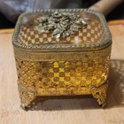 Vintage Gold-tone Brass   Beveled Glass Filigree Jewelry Casket Hollywood Mcm