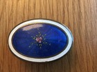 Antique Guilloche Enamel Gilt Brass Pill Trinket Box Cobalt Blue Floral Oval