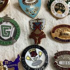 12 Vintage Curling Club Pinbacks Pin Back Enamel Antique Metal -  Lot E
