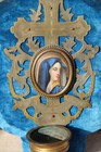 Antique French Religious Holy Water Font Porcelain Medaillon Madonna Velvet 