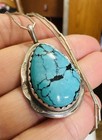 Navajo Sterling Silver C Baillon Liquid Silver Turquoise Pendant Necklace Signed