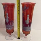 Vtg Mary Gregory Style Cranberry Glass Vases Hand-painted White Enamel Girl 12   