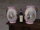 Pair Large  Antique French Porcelain Faience Vases Napoleonic Decors