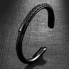 Stainless Steel Leather Cuff Bracelet Men Woven Black Strap Minimalist Jewelry