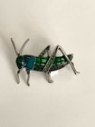 Green Grasshopper Insect Bug Rhinestone Enamel Silver Brooch Pin B81